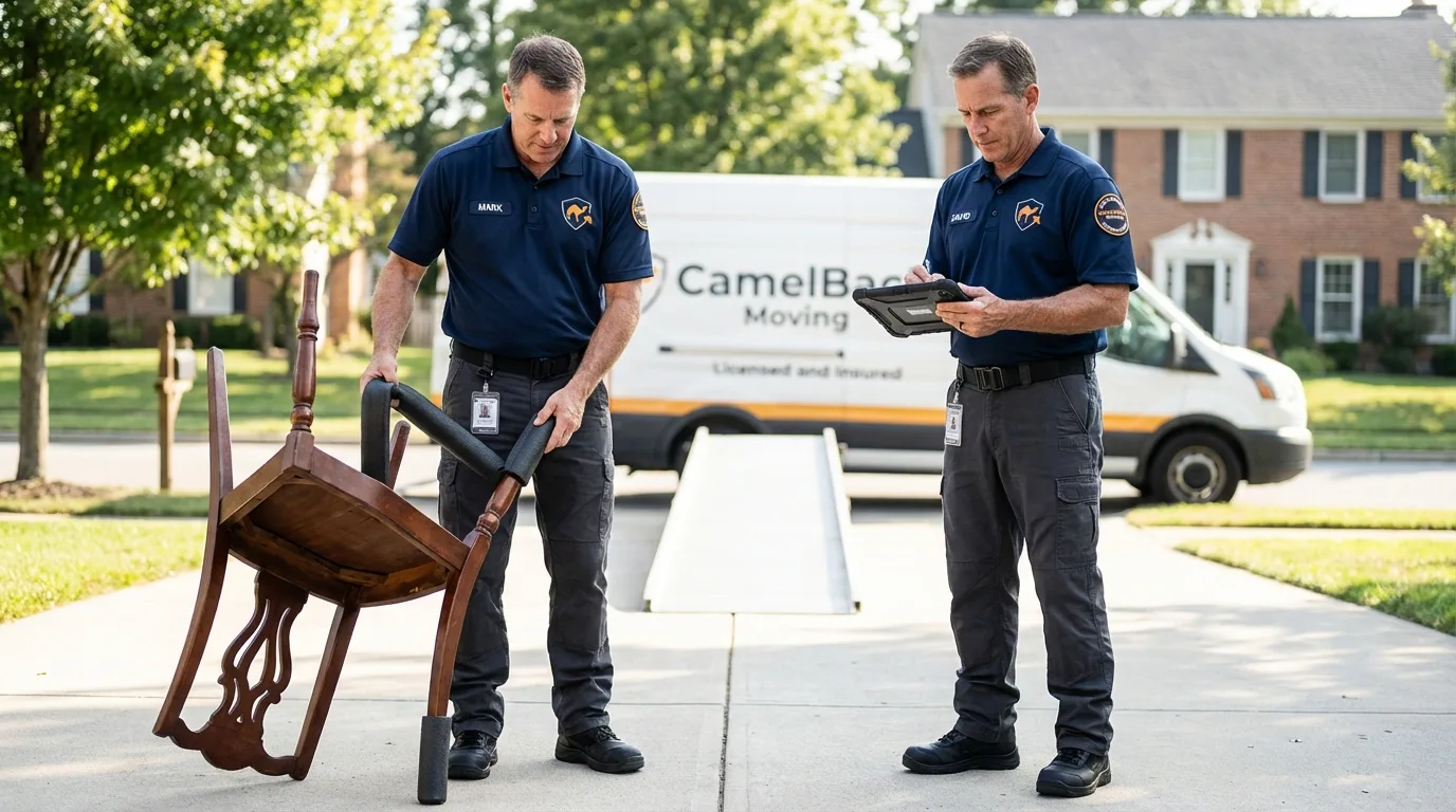 Movers inspecting furniture for damage prevention before loading in Saint Croix Falls, WI