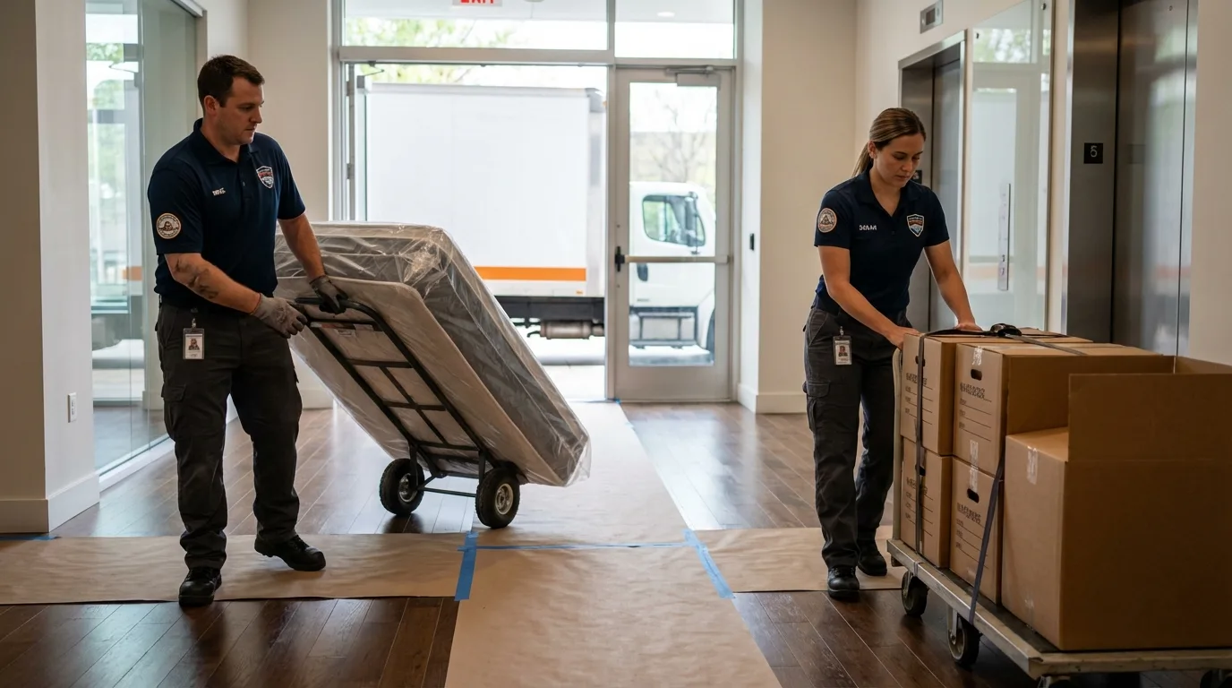 Professional apartment movers loading elevator in Saint Croix Falls, WI