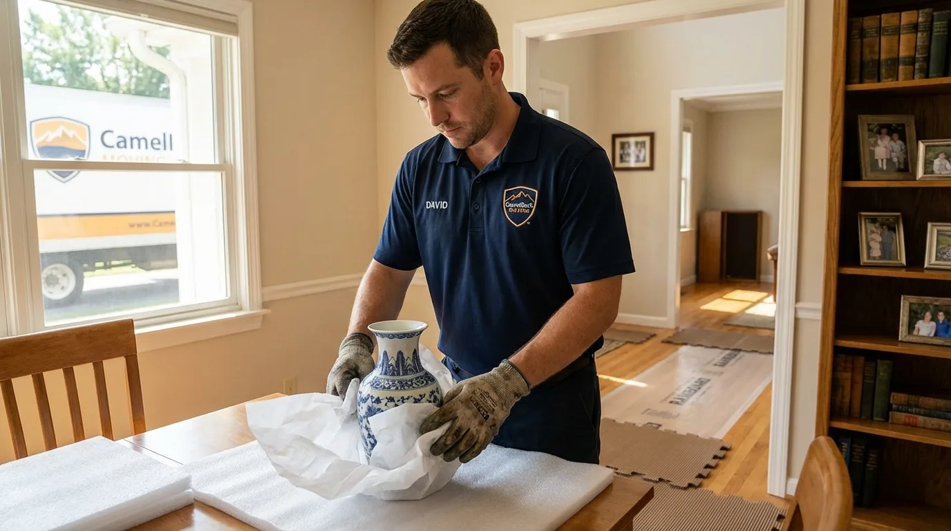 Professional crew carefully wrapping antique vase for senior downsizing move in Saint Croix Falls, WI